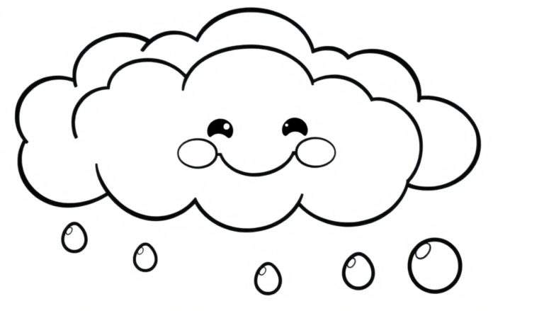 A smiling cloud raining large, bubbly raindrops, ready for a color panel.