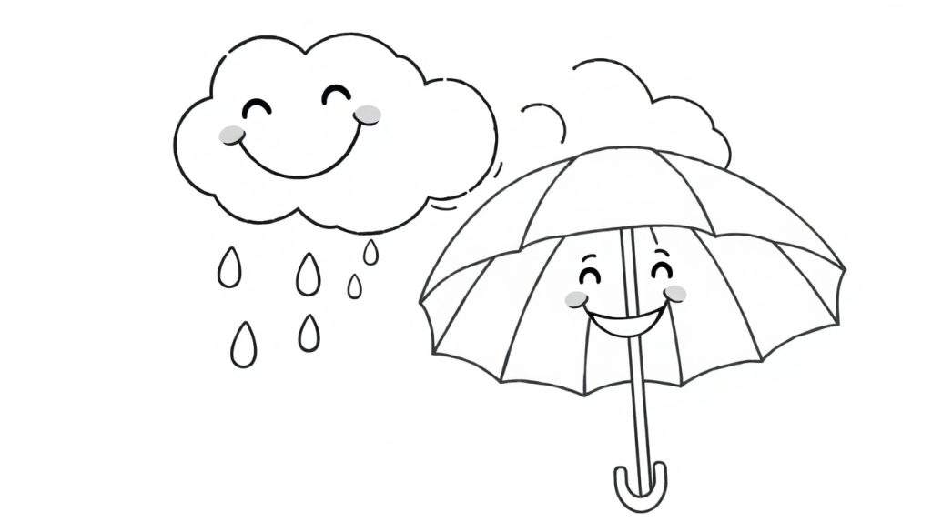 A black and white cartoon of a happy cloud raining on a smiling umbrella, a cheerful color panel.