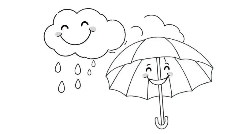 A black and white cartoon of a happy cloud raining on a smiling umbrella, a cheerful color panel.