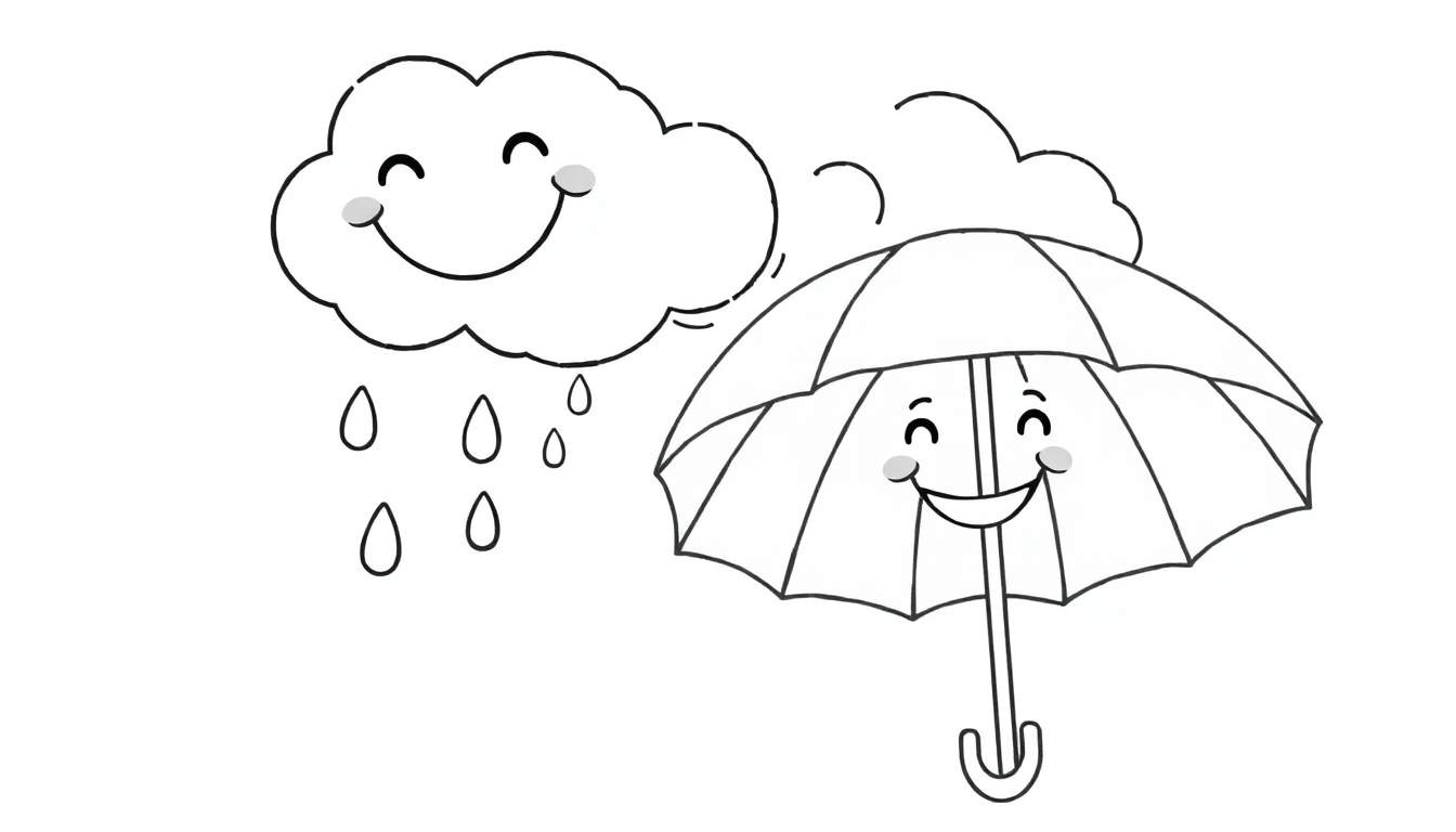 A black and white cartoon of a happy cloud raining on a smiling umbrella, a cheerful color panel.