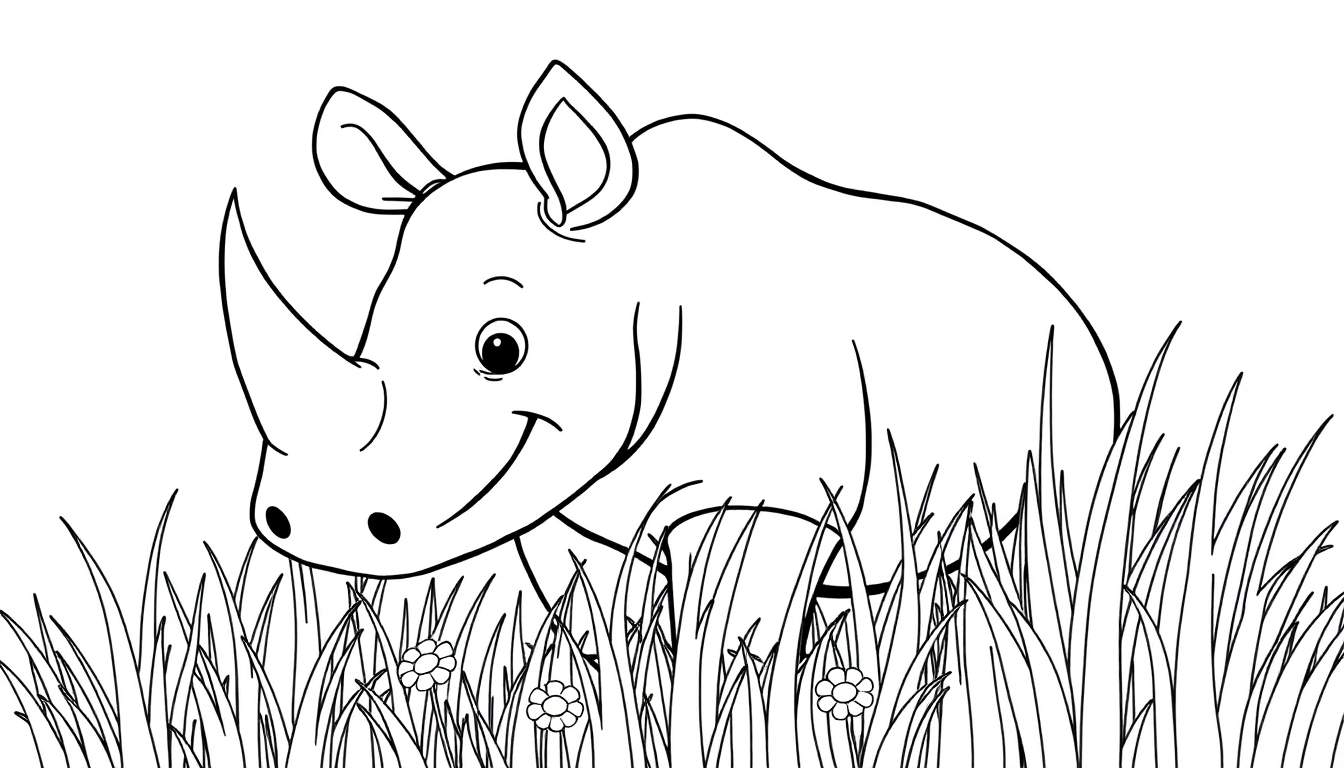 A smiling cartoon rhinoceros in tall grass, ready for a color panel.