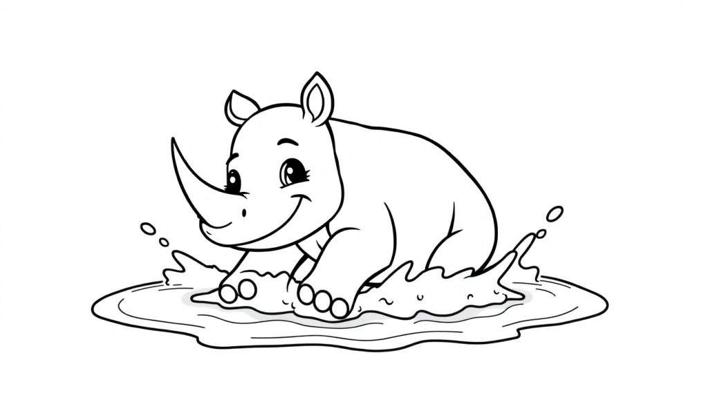A cute baby rhino with one horn splashing joyfully in a muddy pool, ready for a color panel adventure.