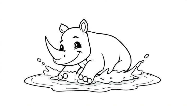A cute baby rhino with one horn splashing joyfully in a muddy pool, ready for a color panel adventure.