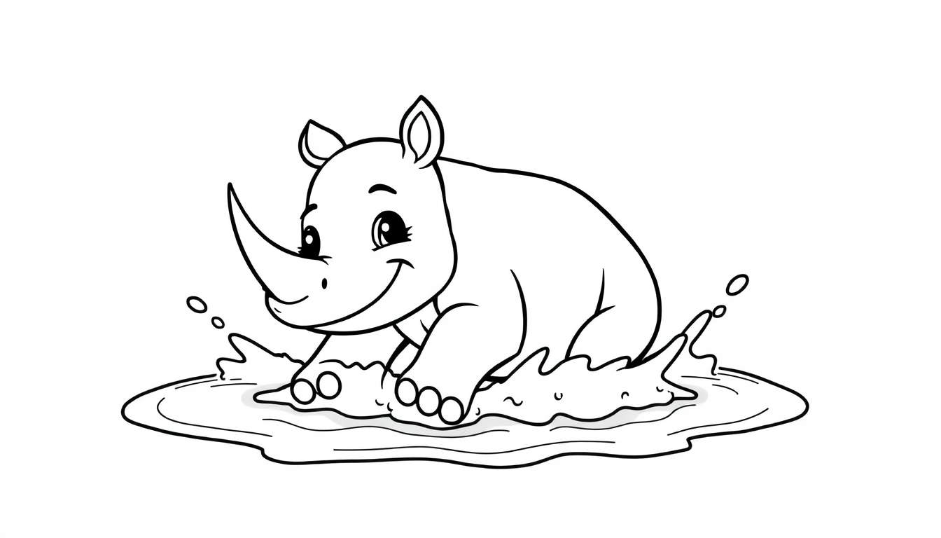 A cute baby rhino with one horn splashing joyfully in a muddy pool, ready for a color panel adventure.