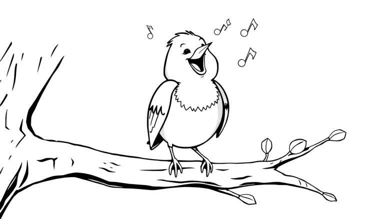 A black and white illustration of a happy robin singing on a tree branch, with musical notes floating above. This is a color panel for kids.