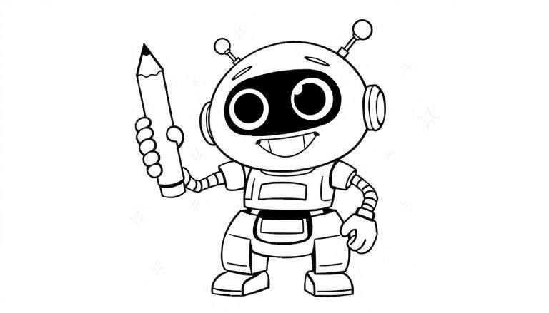 A cheerful black and white cartoon robot with a round head, large eyes, antennae, and a big smile, holding a pencil. This color panel is perfect for coloring.
