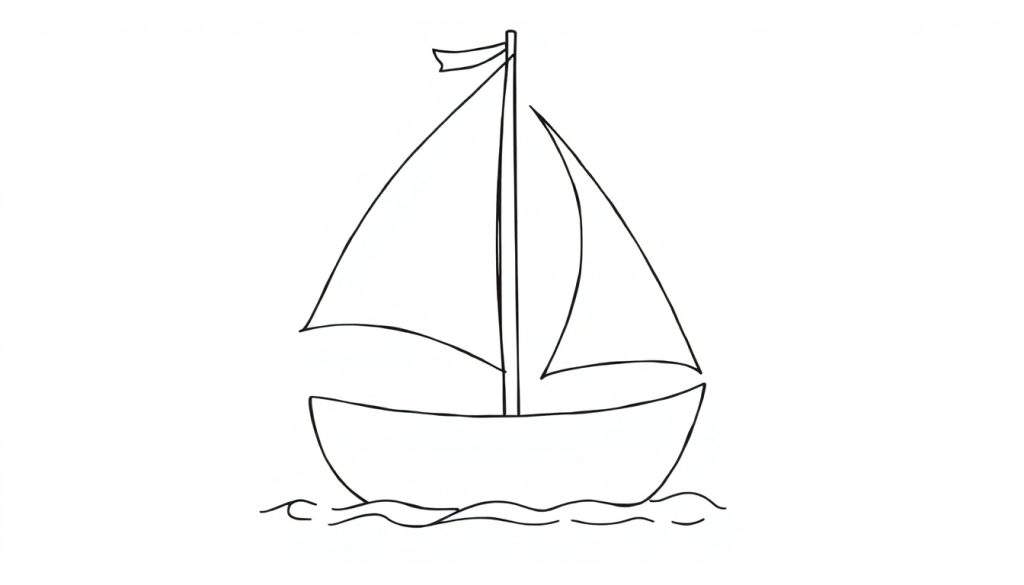 A cute little sailboat with big happy sails, ready for adventure on the waves. Black and white coloring page color panel.