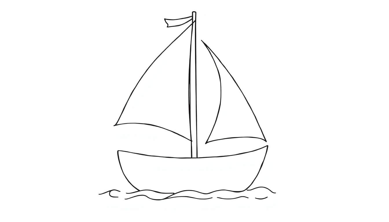 A cute little sailboat with big happy sails, ready for adventure on the waves. Black and white coloring page color panel.