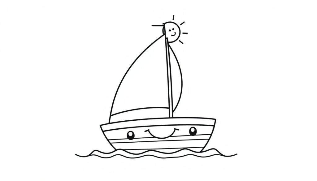 A cute black and white cartoon sailboat with a smiling face, a smiling sun at the top of its mast, and friendly waves below, ready for an adventure on this color panel.