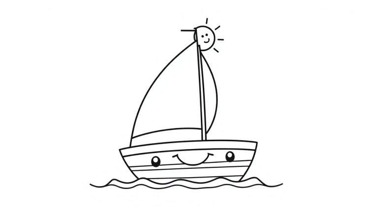 A cute black and white cartoon sailboat with a smiling face, a smiling sun at the top of its mast, and friendly waves below, ready for an adventure on this color panel.
