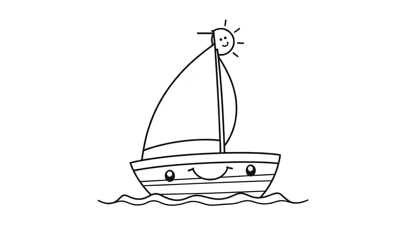 A cute black and white cartoon sailboat with a smiling face, a smiling sun at the top of its mast, and friendly waves below, ready for an adventure on this color panel.