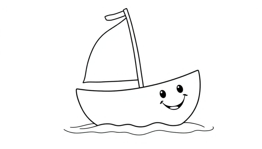 A happy cartoon sailboat ready for coloring, part of a fun color panel.