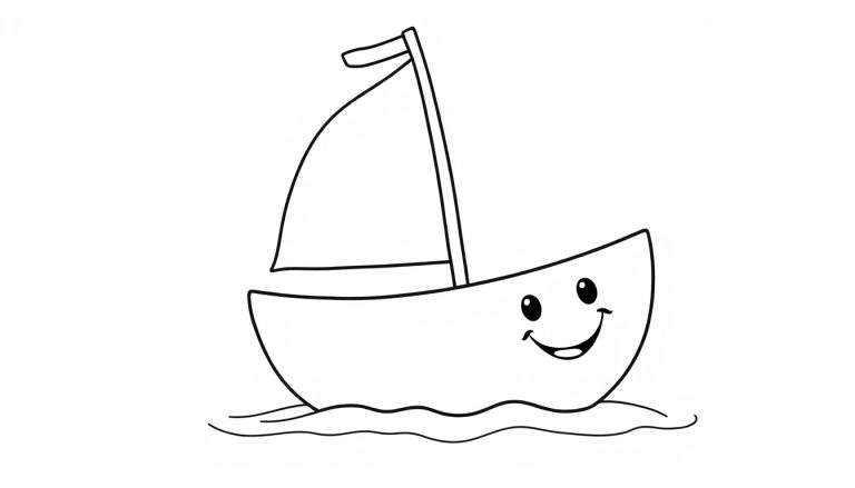 A happy cartoon sailboat ready for coloring, part of a fun color panel.