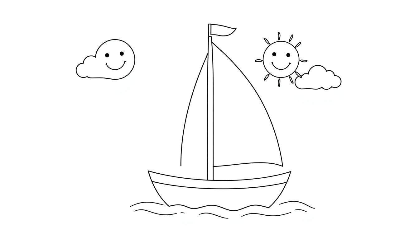A black and white sailboat color panel with a happy sun and clouds.