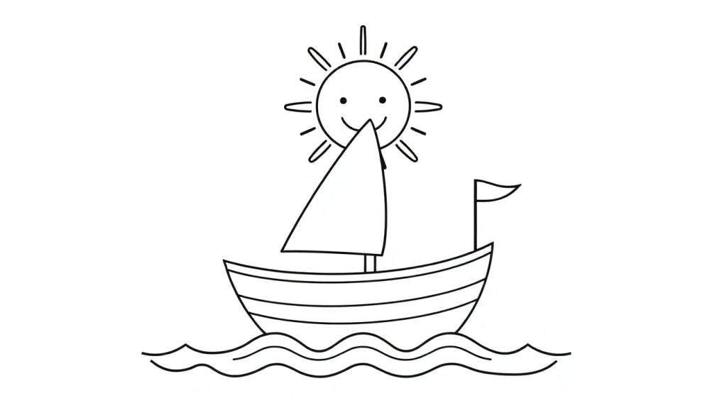 A simple black and white drawing of a sailboat with a smiling sun, ready for a coloring adventure. This color panel is waiting for your artistic touch!