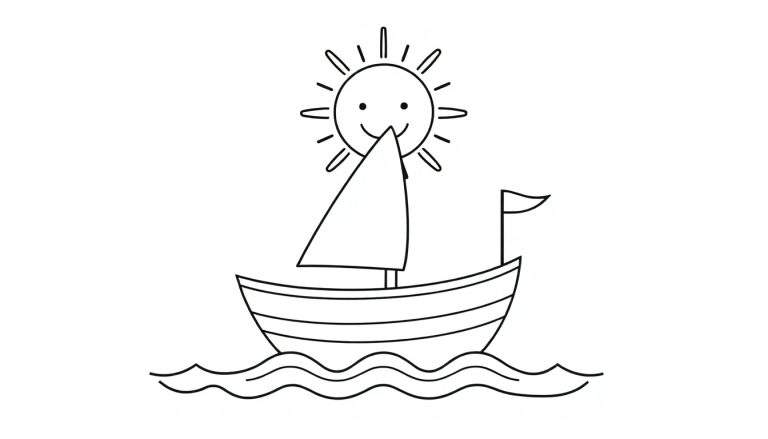 A simple black and white drawing of a sailboat with a smiling sun, ready for a coloring adventure. This color panel is waiting for your artistic touch!