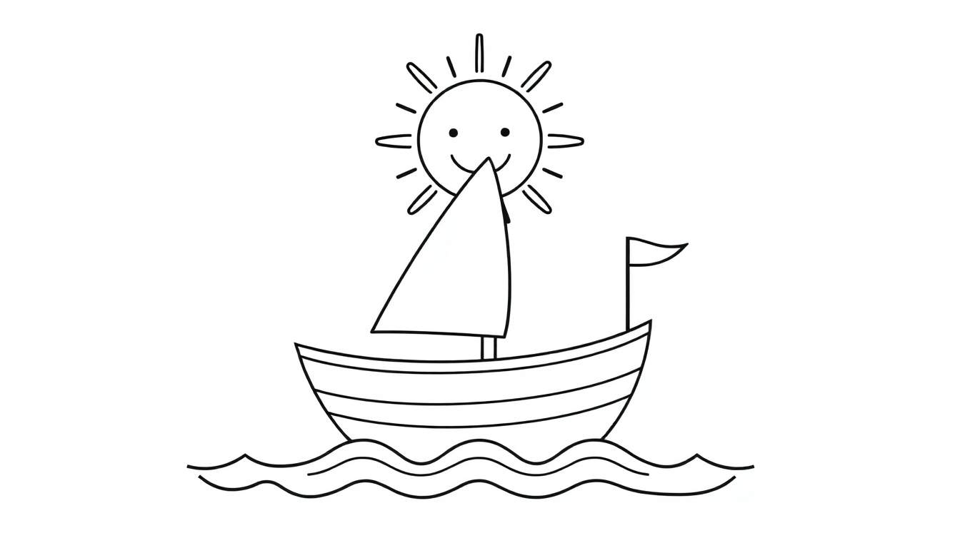 A simple black and white drawing of a sailboat with a smiling sun, ready for a coloring adventure. This color panel is waiting for your artistic touch!