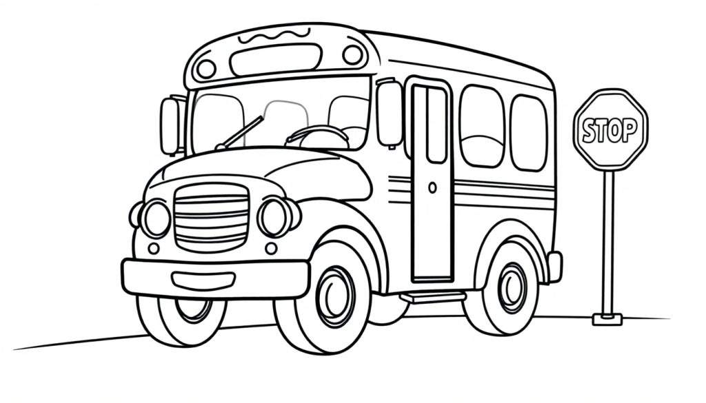 A friendly black and white cartoon school bus with big wheels, ready for adventure, parked near a stop sign. A great color panel for kids!