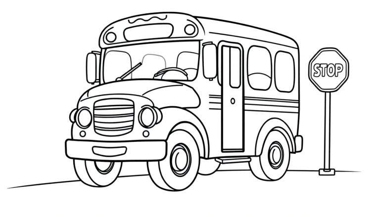 A friendly black and white cartoon school bus with big wheels, ready for adventure, parked near a stop sign. A great color panel for kids!