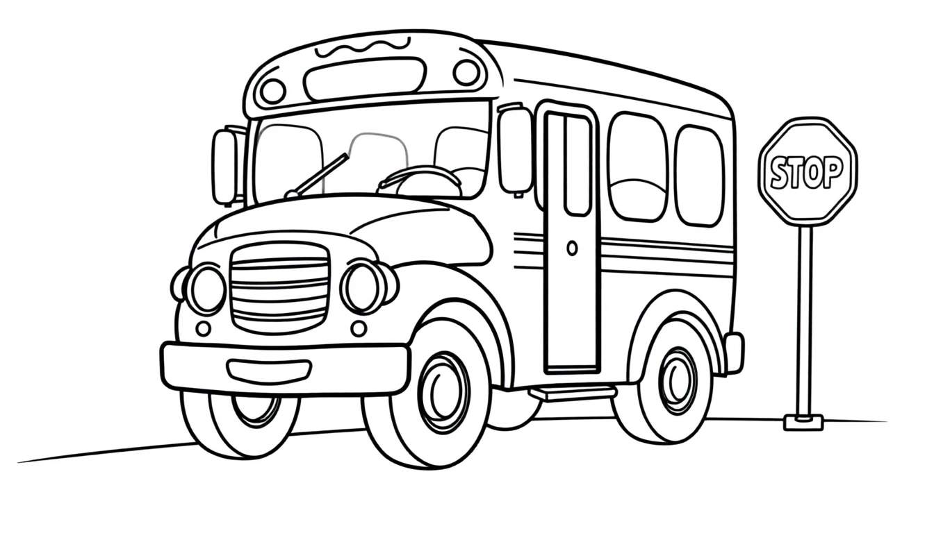 A friendly black and white cartoon school bus with big wheels, ready for adventure, parked near a stop sign. A great color panel for kids!