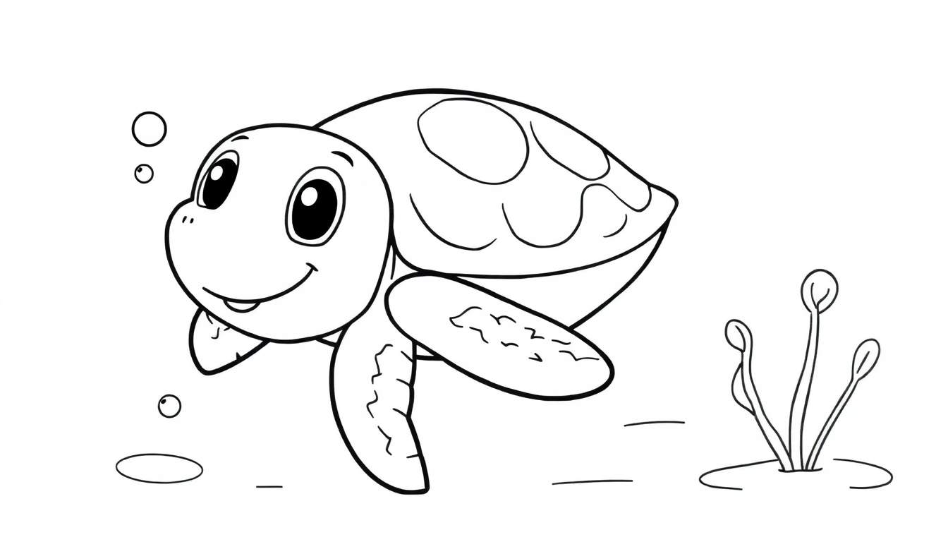 A cute sea turtle swimming happily in a black and white color panel.