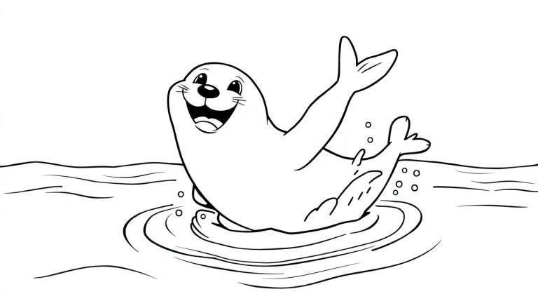 A happy seal waving in the ocean, a black and white color panel.