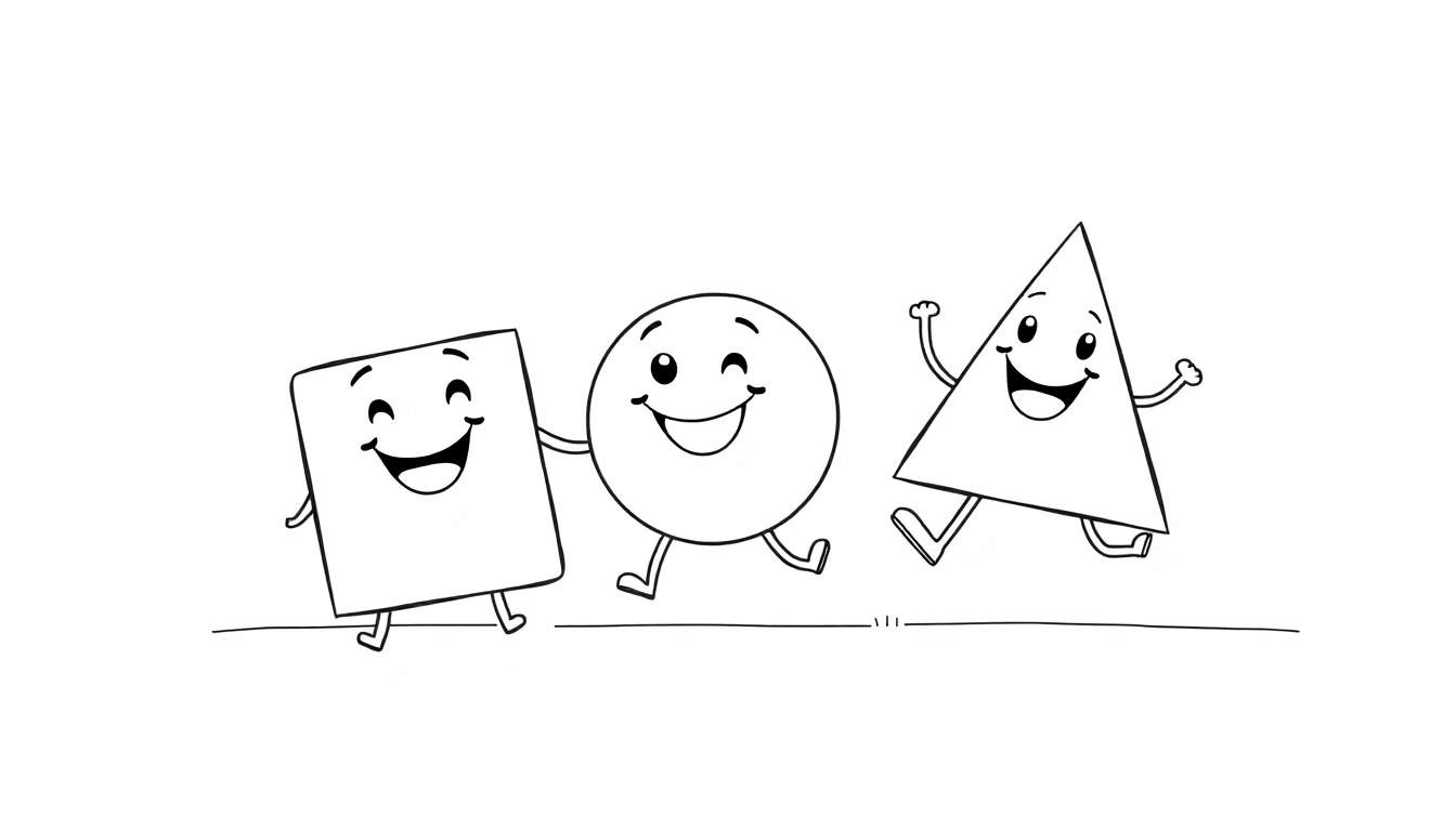A smiling black and white square, circle, and triangle walking together, a color panel for kids.
