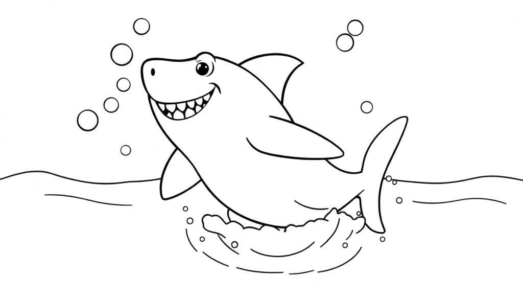 A happy shark jumping from water, a black and white outline for a color panel.