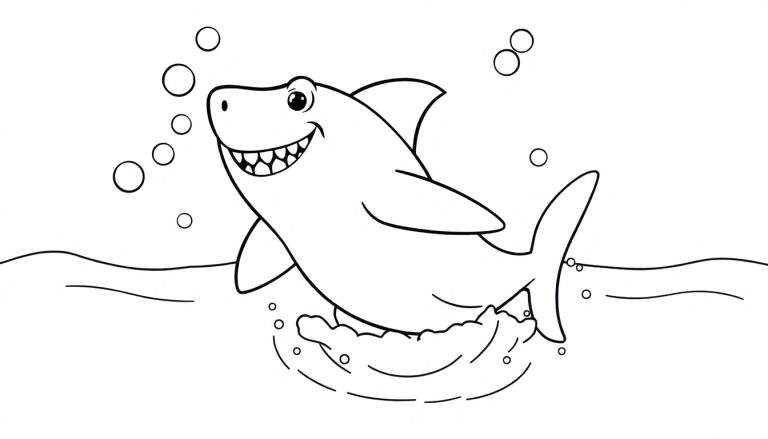 A happy shark jumping from water, a black and white outline for a color panel.
