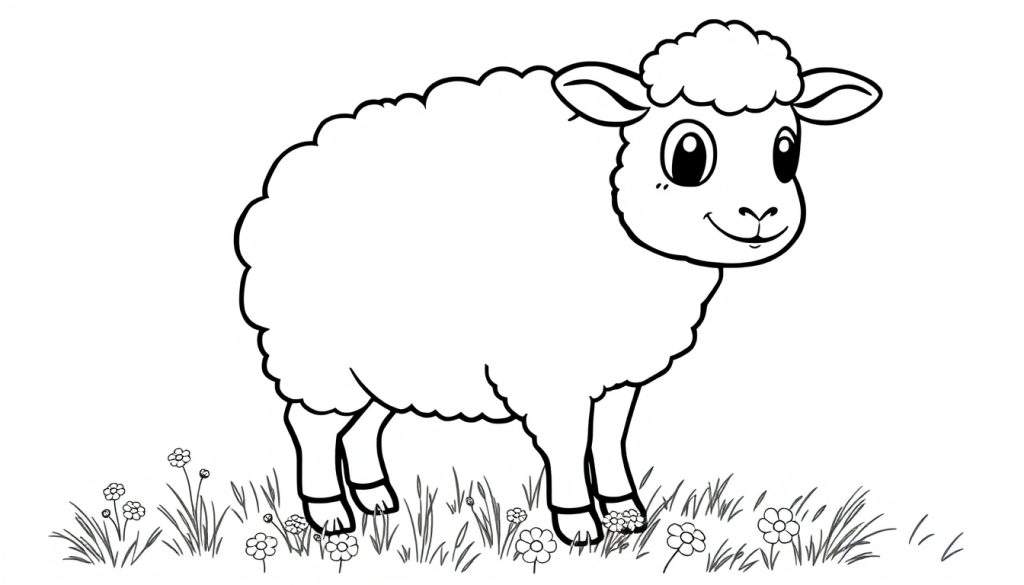 A fluffy cartoon sheep smiling in a field of flowers, ready for a color panel.