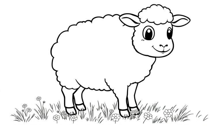 A fluffy cartoon sheep smiling in a field of flowers, ready for a color panel.