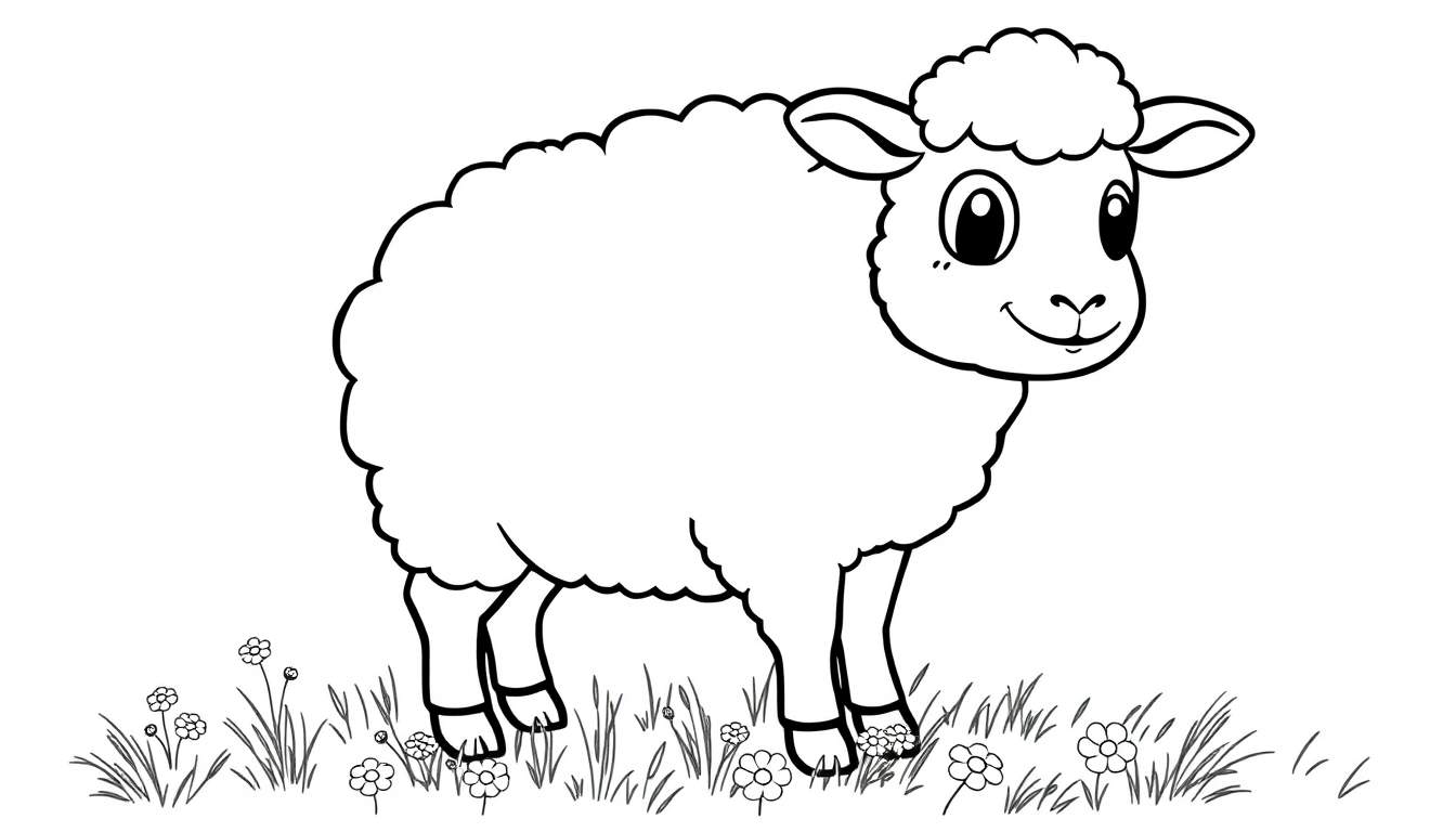 A fluffy cartoon sheep smiling in a field of flowers, ready for a color panel.