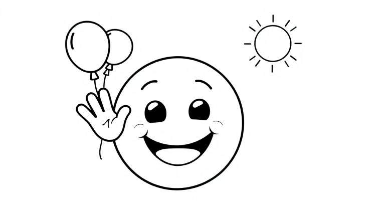 A happy smiley face in a black and white color panel, waving with balloons.
