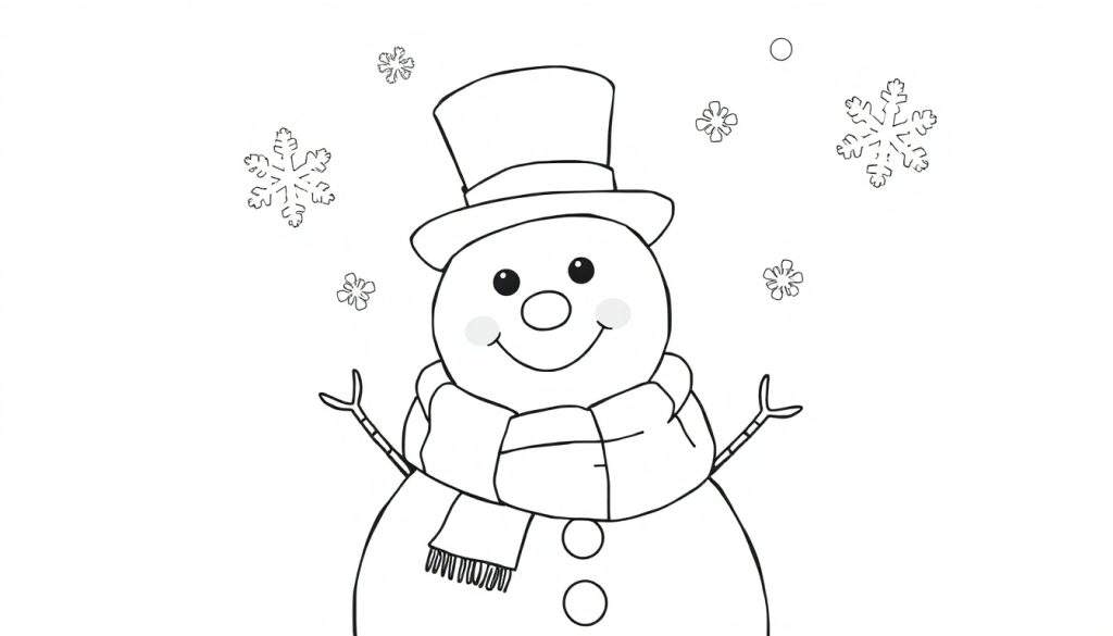 A cheerful black and white outline snowman with a top hat, scarf, and button nose, ready for coloring. This fun color panel includes falling snowflakes.