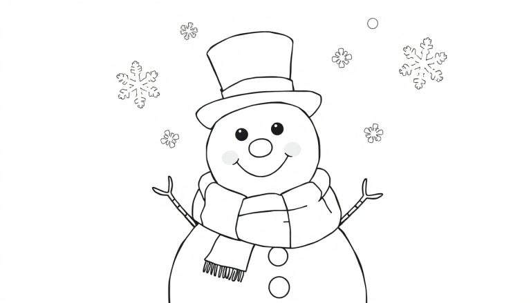 A cheerful black and white outline snowman with a top hat, scarf, and button nose, ready for coloring. This fun color panel includes falling snowflakes.