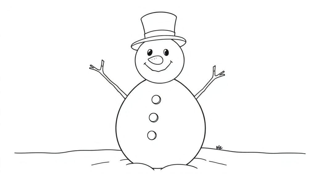 A friendly snowman with a carrot nose and stick arms, a black top hat, and a smile, ready to be colored on this black and white color panel.