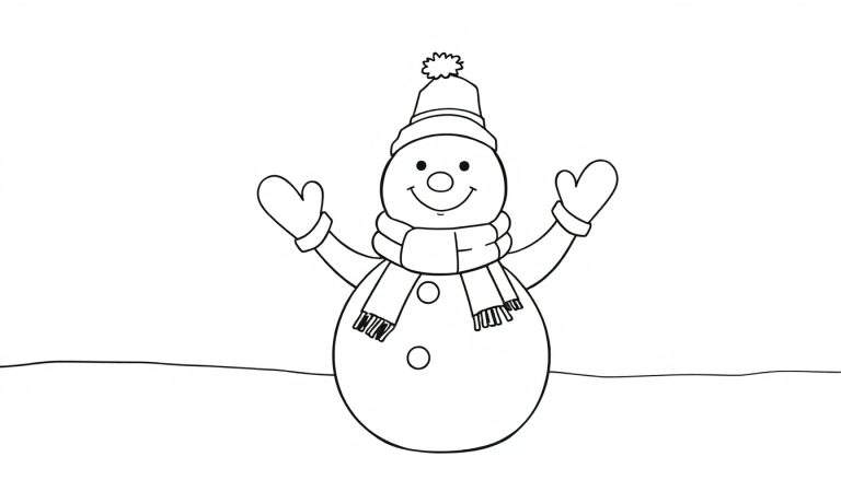A happy black and white outline snowman for coloring, wearing a hat and scarf, and waving hello. This color panel is ready for your creative touch!