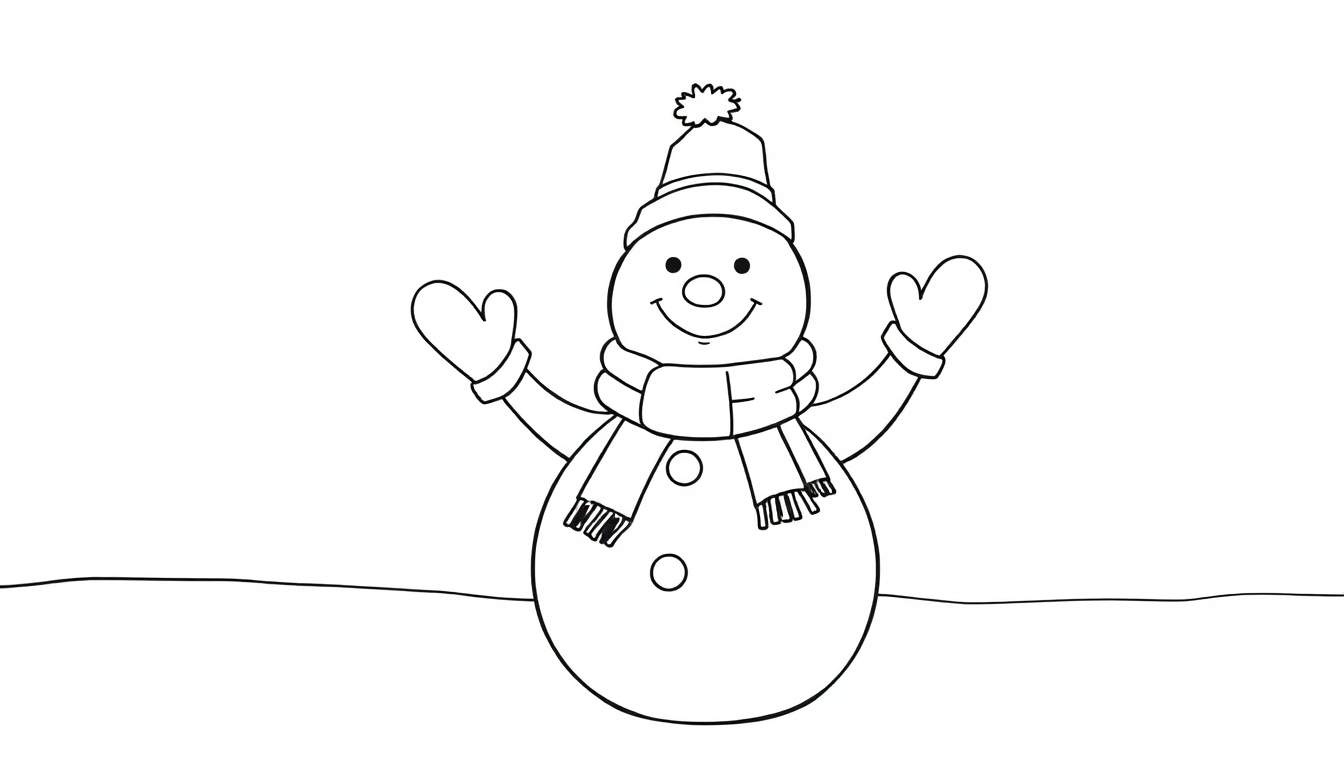 A happy black and white outline snowman for coloring, wearing a hat and scarf, and waving hello. This color panel is ready for your creative touch!