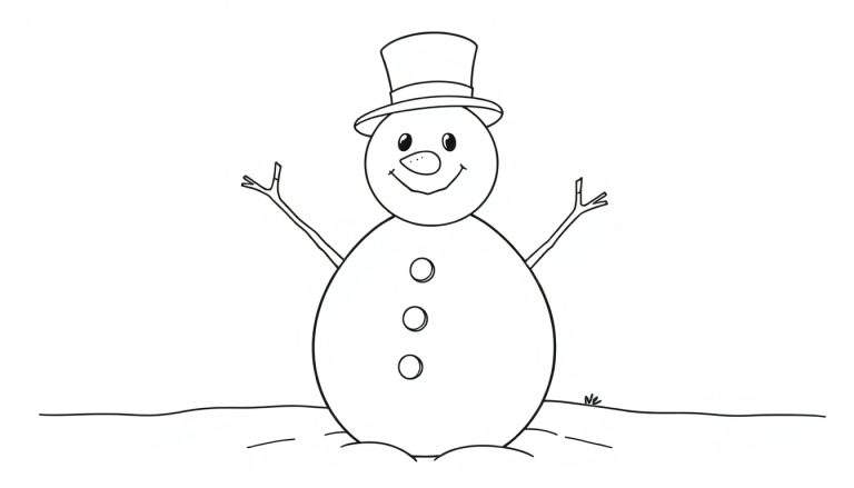 A friendly snowman with a carrot nose and stick arms, a black top hat, and a smile, ready to be colored on this black and white color panel.