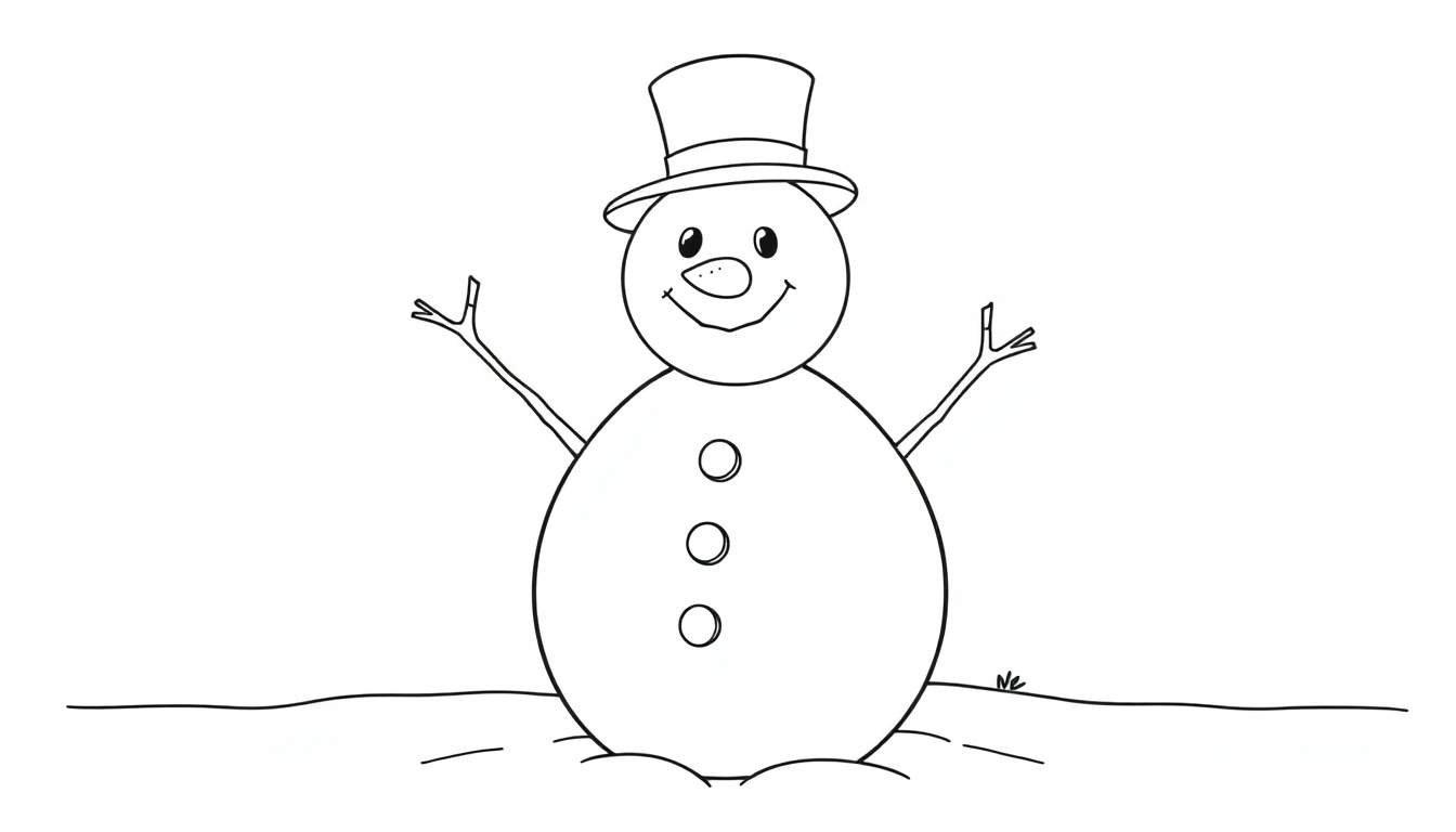 A friendly snowman with a carrot nose and stick arms, a black top hat, and a smile, ready to be colored on this black and white color panel.