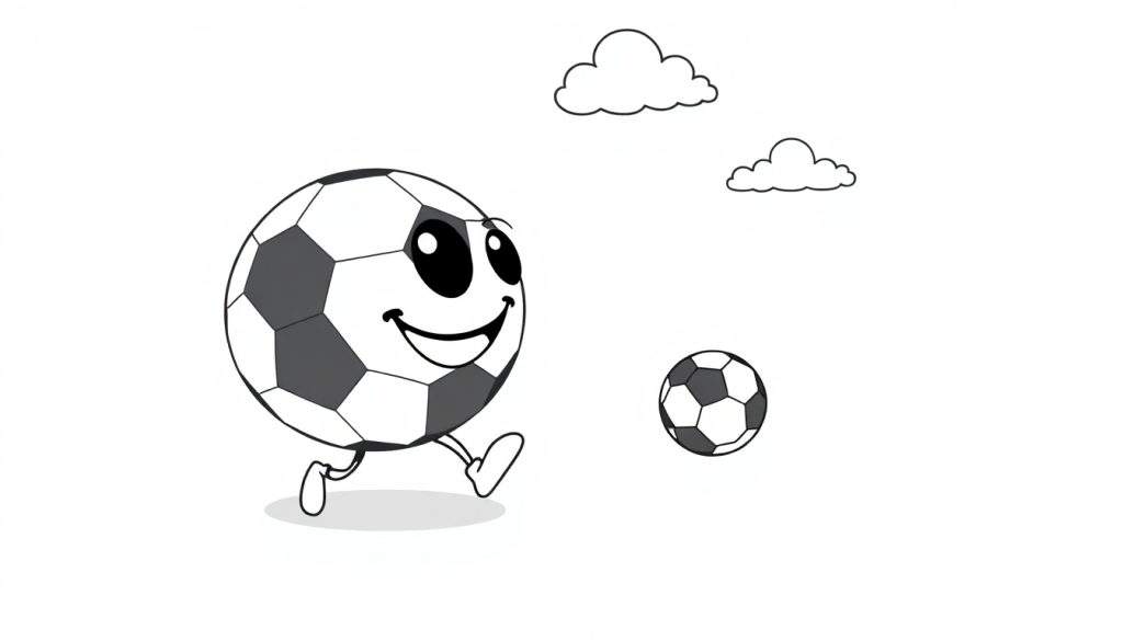 A happy soccer ball chasing a smaller soccer ball, like a coloring page color panel.