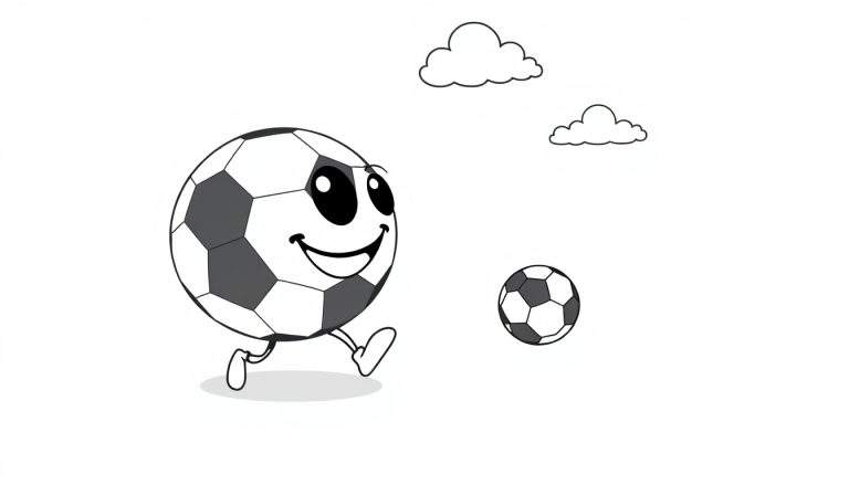 A happy soccer ball chasing a smaller soccer ball, like a coloring page color panel.