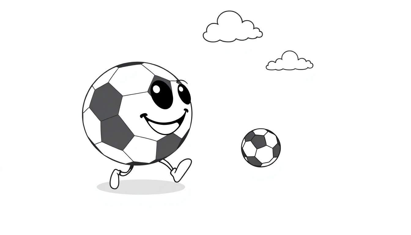 A happy soccer ball chasing a smaller soccer ball, like a coloring page color panel.