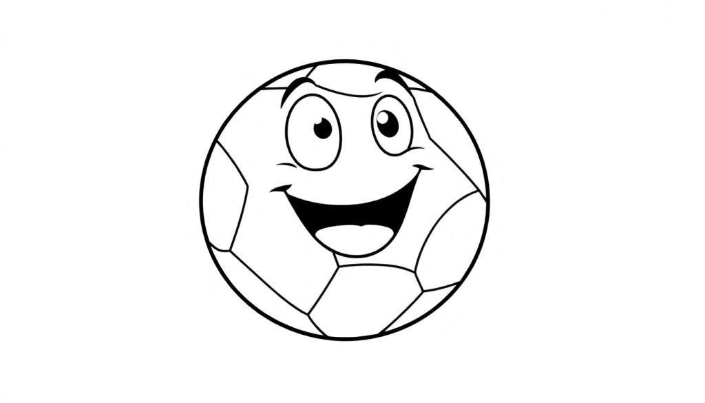 A happy cartoon soccer ball with black and white outlines, ready for the color panel.