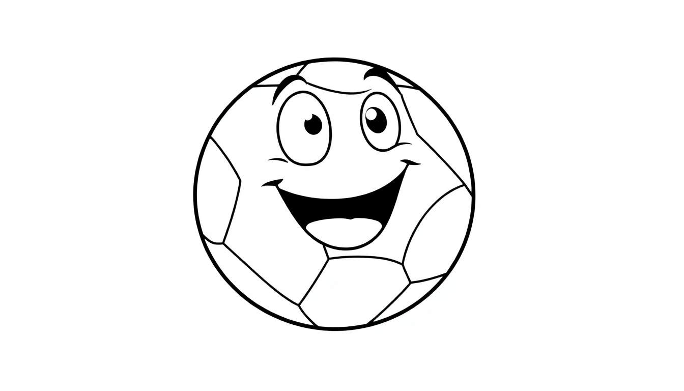 A happy cartoon soccer ball with black and white outlines, ready for the color panel.