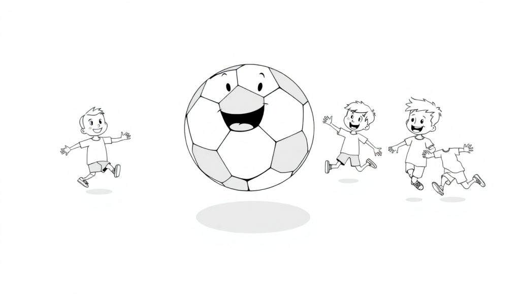 A black and white cartoon soccer ball with a smiling face and four happy children playing around it, on a color panel.