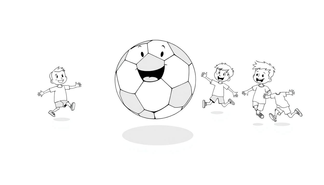A black and white cartoon soccer ball with a smiling face and four happy children playing around it, on a color panel.