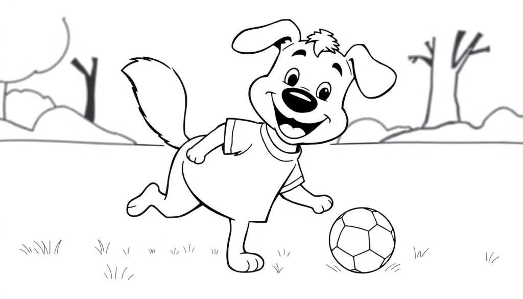 A happy cartoon dog wearing a soccer jersey kicks a soccer ball in a park, a black and white color panel.