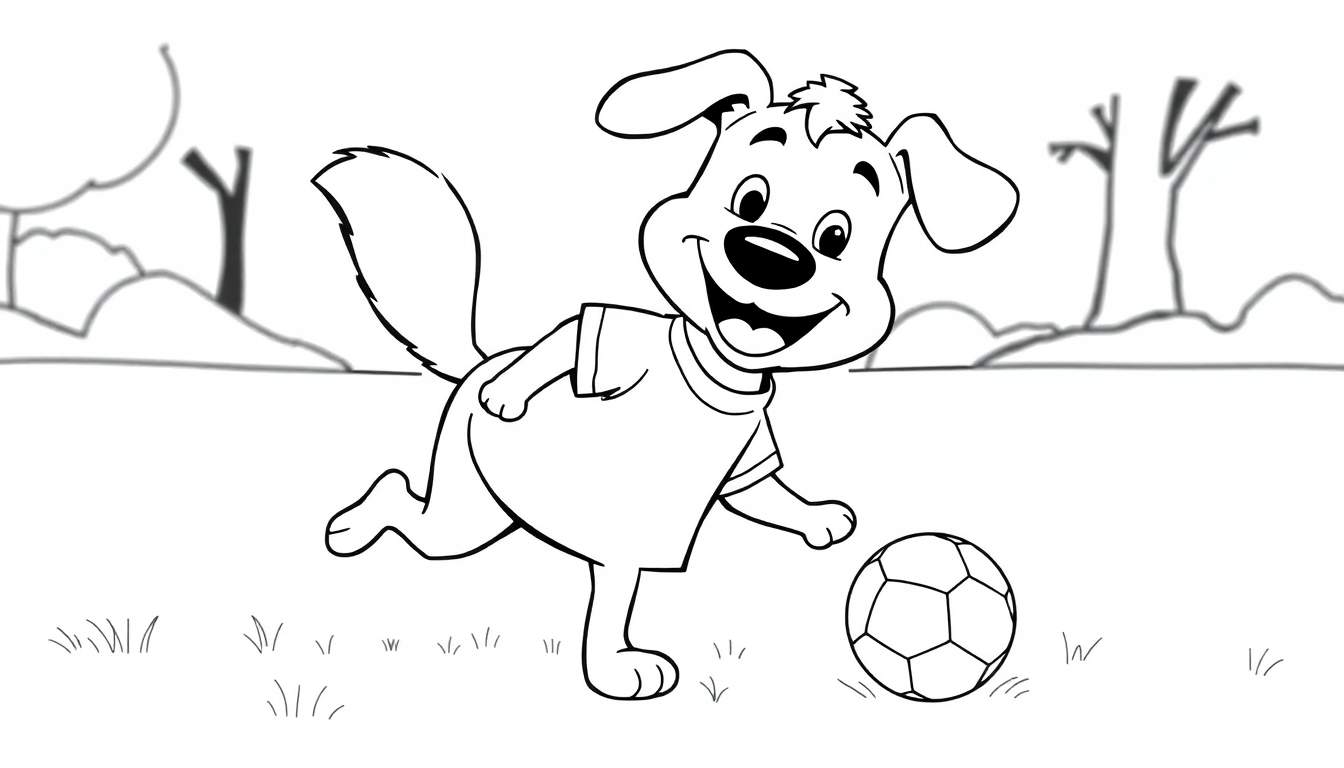 A happy cartoon dog wearing a soccer jersey kicks a soccer ball in a park, a black and white color panel.
