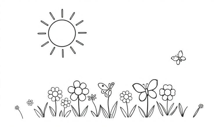 A black and white outline drawing of a cheerful spring scene for a color panel. It shows a smiling sun, colorful flowers, and playful butterflies.